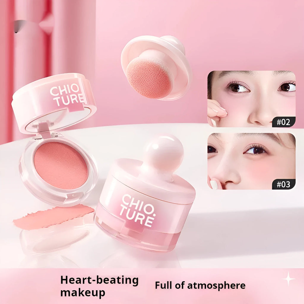 Compact blush makeup product with shimmer powder in nude colour options