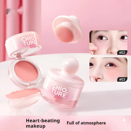 Compact blush makeup product with shimmer powder in nude colour options