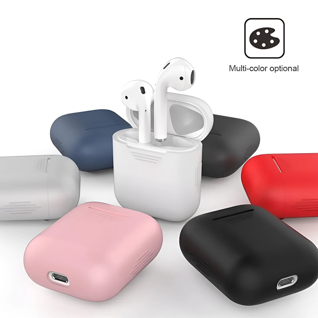 A black TPU and silicone protective case for Apple AirPods with shockproof earmuffs and an attached anti-lost rope.