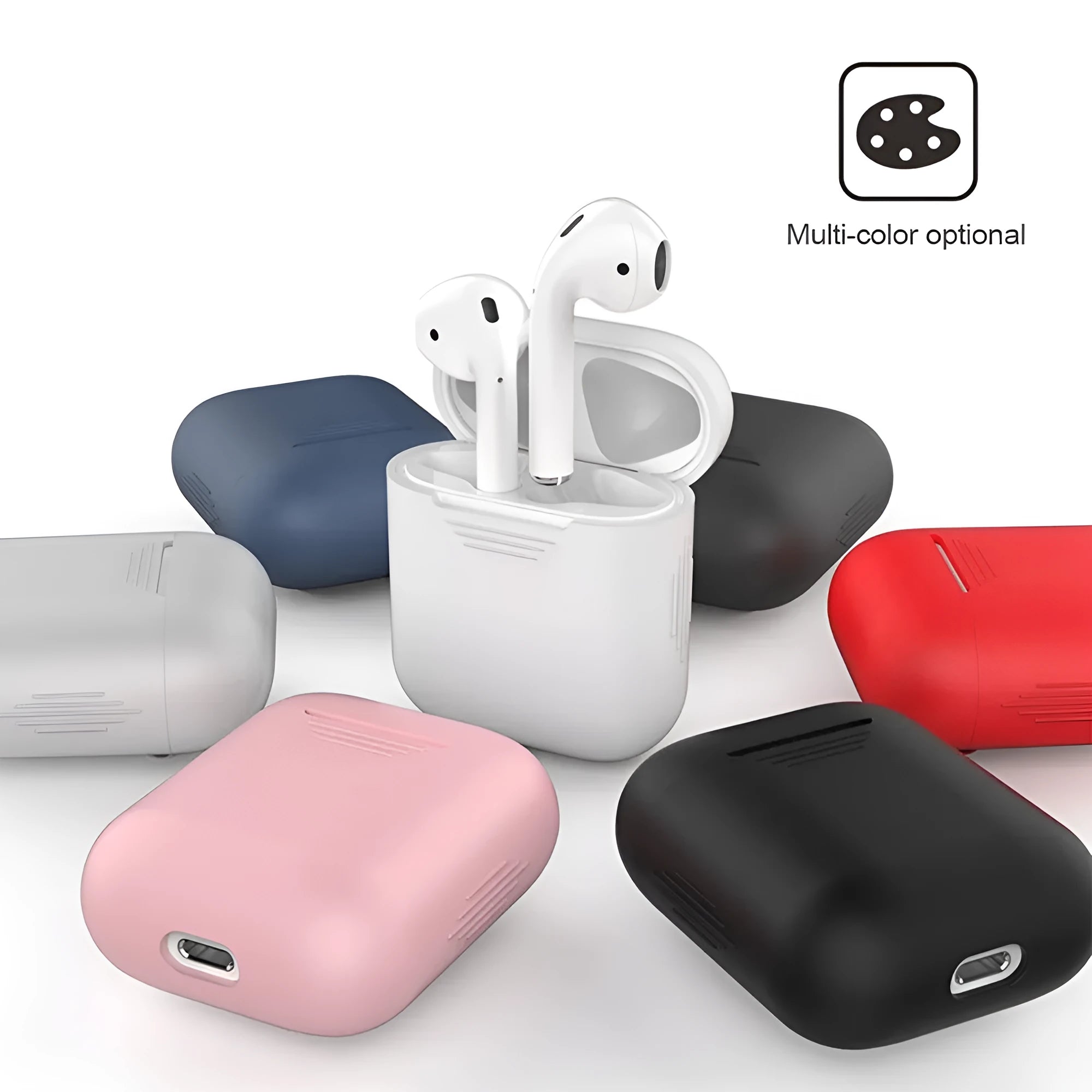 A black TPU and silicone protective case for Apple AirPods with shockproof earmuffs and an attached anti-lost rope.
