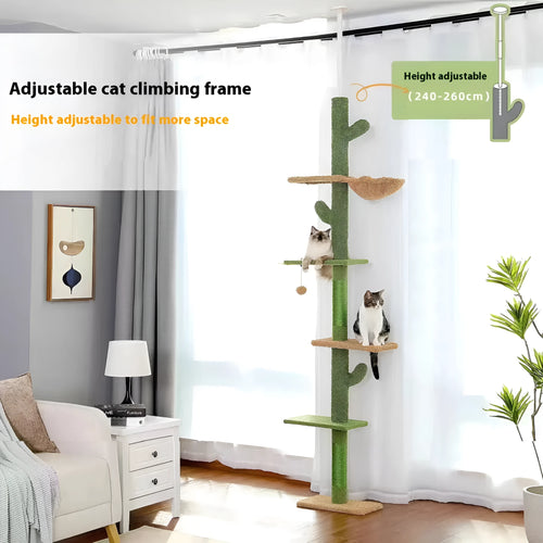 Tall solid wood cactus-shaped cat tree with integrated scratch board and dangling toy.