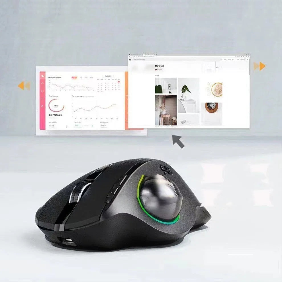 Black wireless trackball mouse with dual-mode 2.4G and Bluetooth connectivity, rechargeable, 2400 DPI, luminous feature