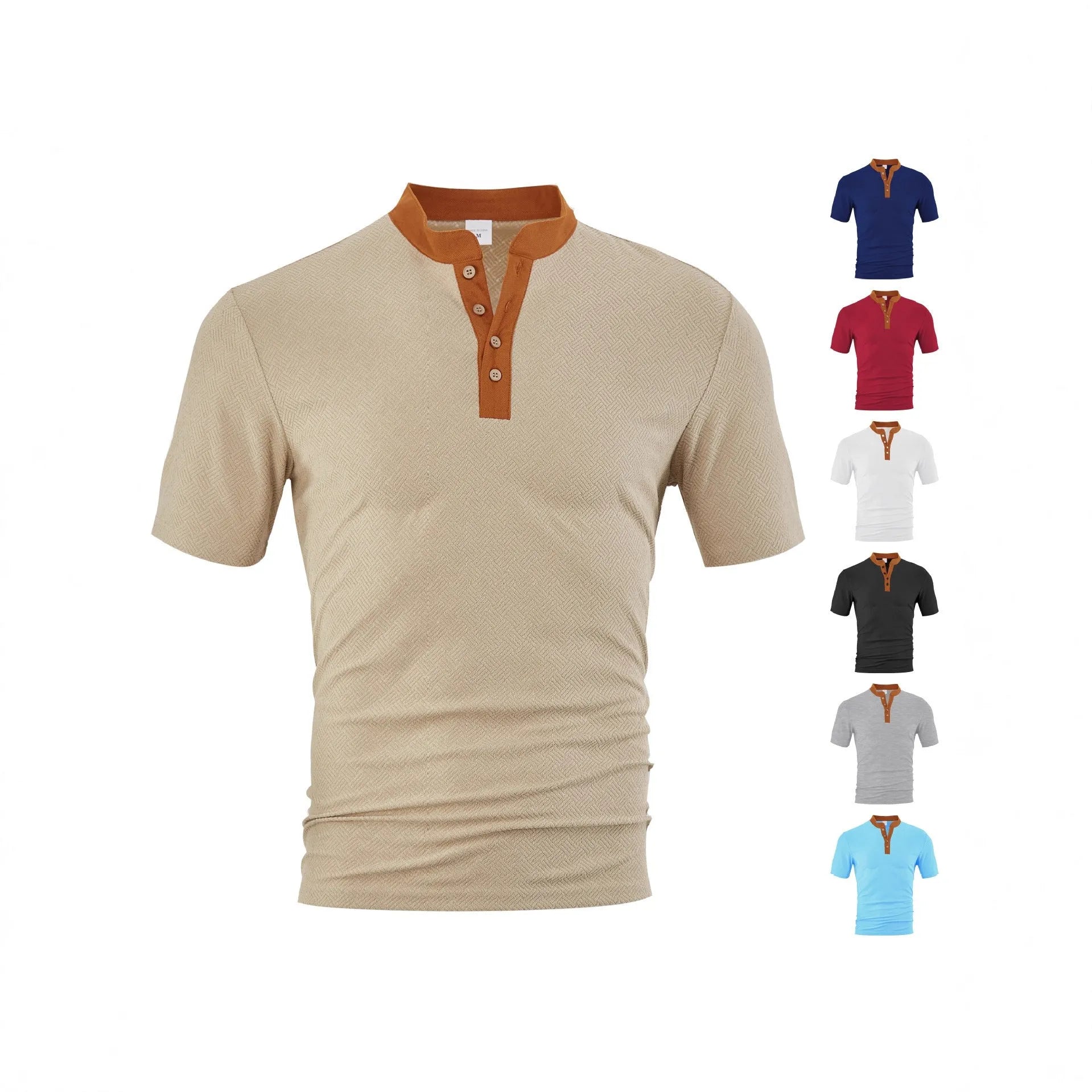 Casual loose polyester button-up short sleeve men's shirt in khaki