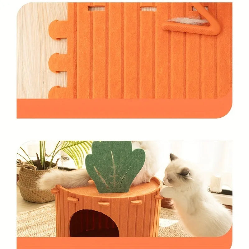 Soft felt cat tunnel bed in semi-enclosed design showing interior space