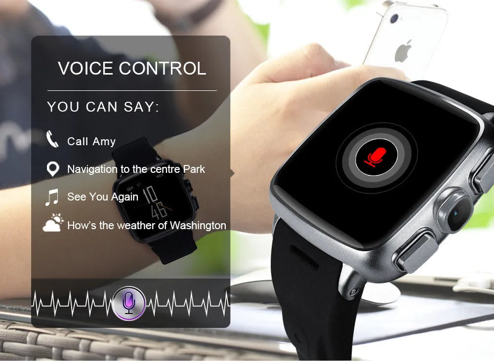 Black and white Z01 smart watch with 1.54-inch screen and integrated camera.