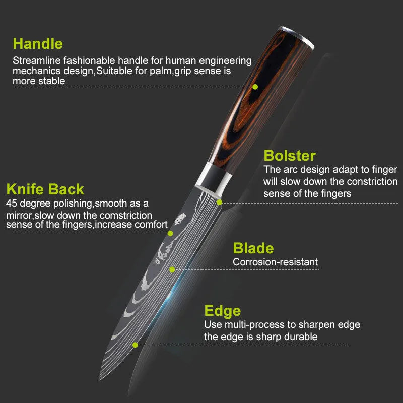 Chef knife with laser Damascus patterned blade and colour steel handle, length 30cm