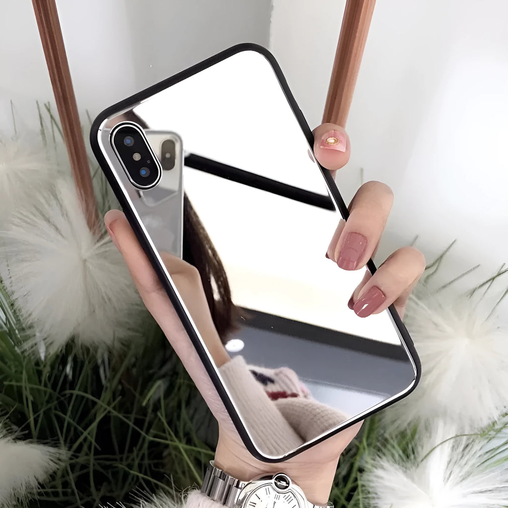 Black iPhone back cover case with a built-in square mirror on the back.