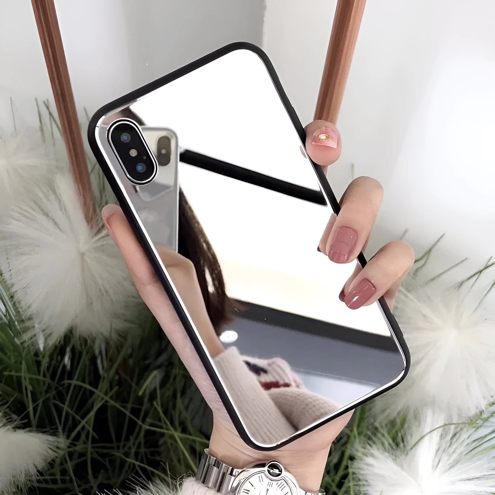 Black iPhone back cover case with a built-in square mirror on the back.