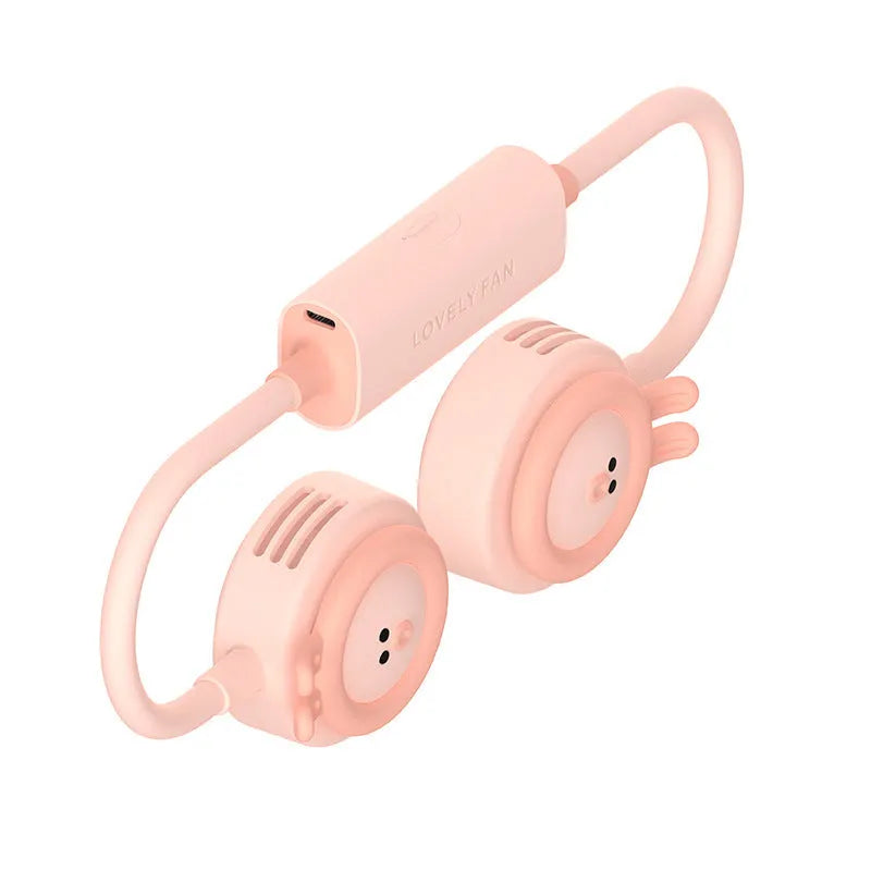 Pink and blue folding hanging neck fan showing leafeas design and USB charging port