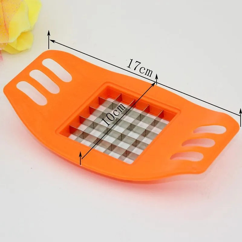 Potato chopper gadget with two stainless steel blades and a non-slip rubber foot on the base.