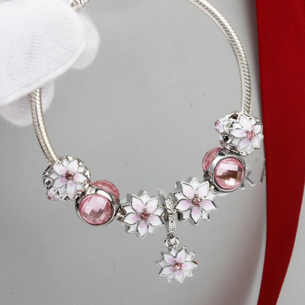 Magnolia flower alloy bracelet, unisex, available in 18cm, 19cm and 20cm sizes