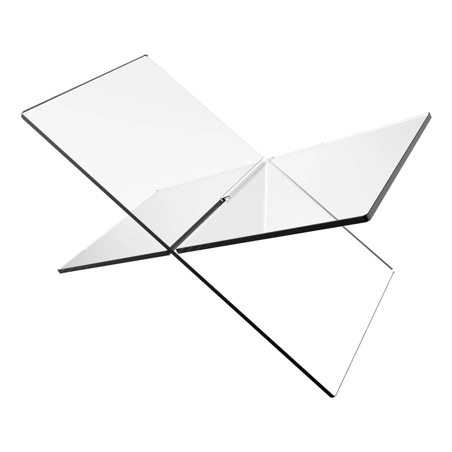 Clear acrylic X-shaped book display rack on desktop with books