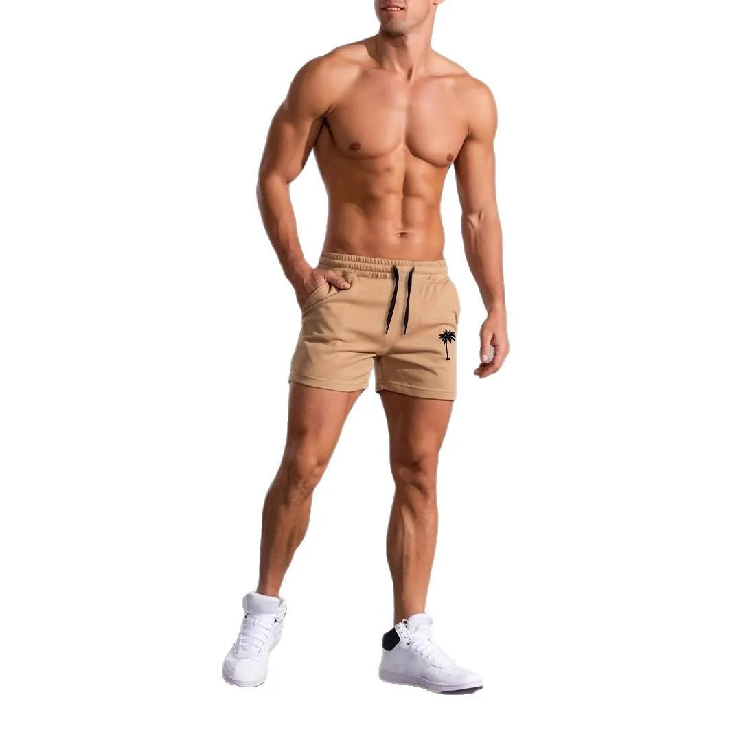 Men's khaki coconut print sports shorts with micro elasticity for summer athletic activities