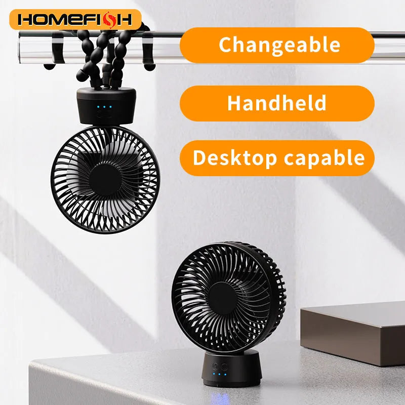 HOMEFISH F2 automatic shaking head portable fan with LED light on a removable bracket.