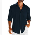 Men's grey casual long sleeve button-up shirt with polo collar and lace-trimmed chest pocket.