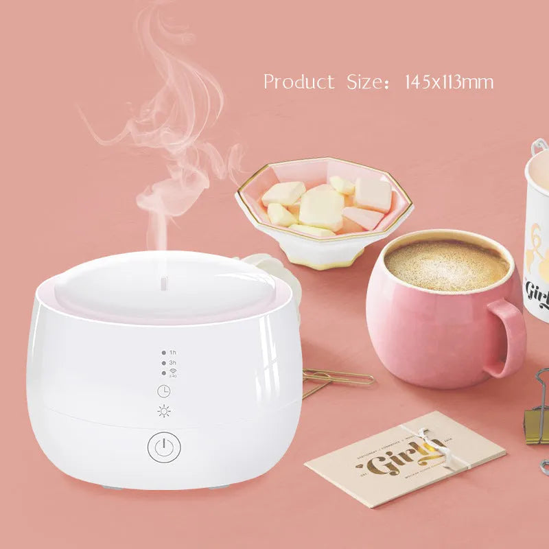 Smart home aromatherapy humidifier with 300ml capacity, colourful LED lights, touch panel, and UK plug in white