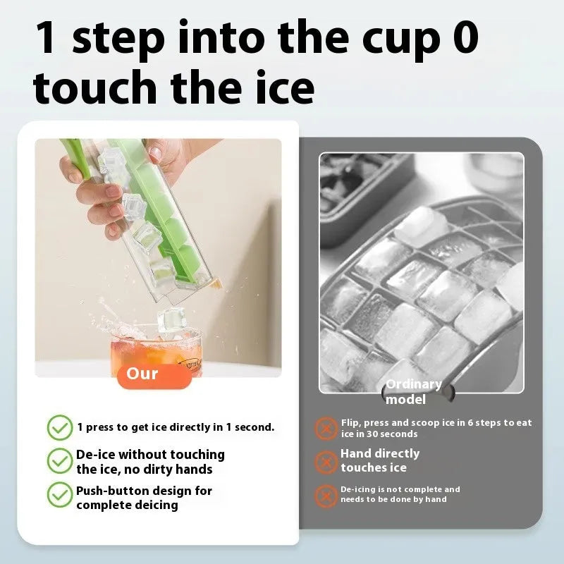 Flexible ice cube tray in Maldives colour with one-touch release and storage box on white surface