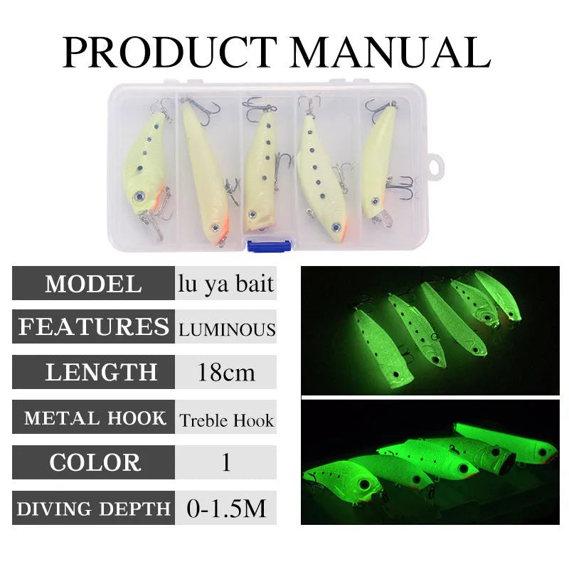 Set of five 3D fluorescent simulation hard bait fishing lures with luminous elements on a blue background.