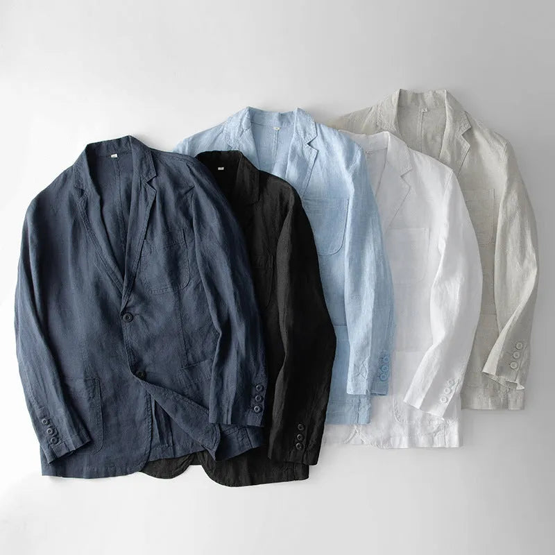 Men's linen suit jacket in casual style with long sleeves and loose fit