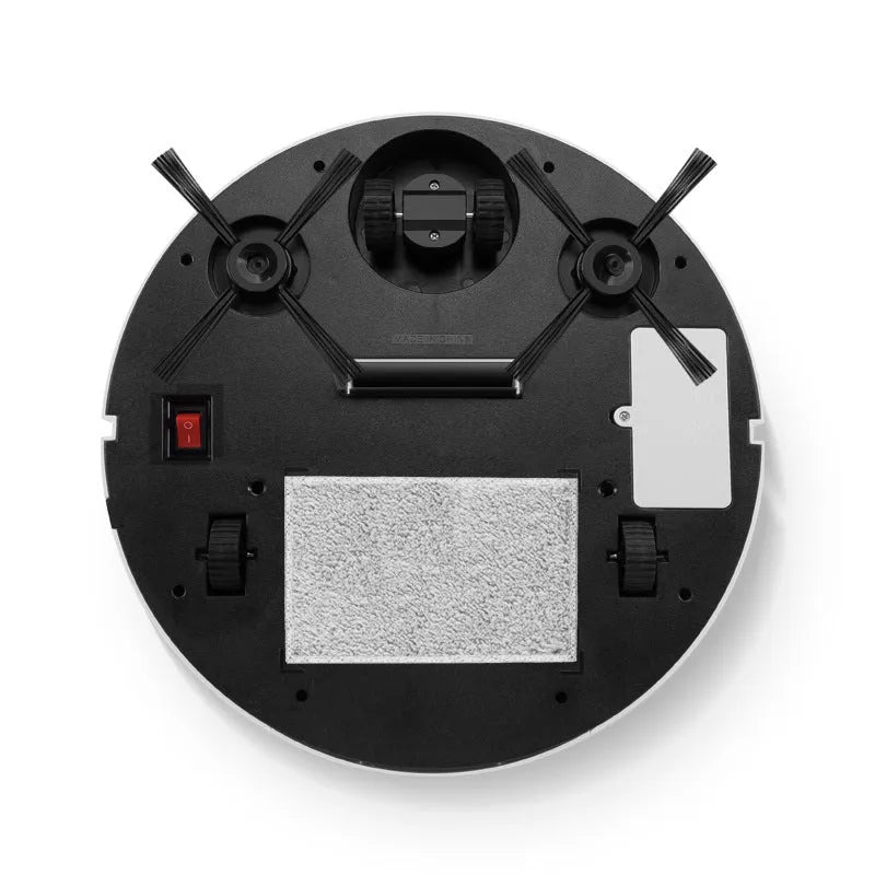 Automatic sweeping robot cleaner with a square body, shown on a hardwood floor.