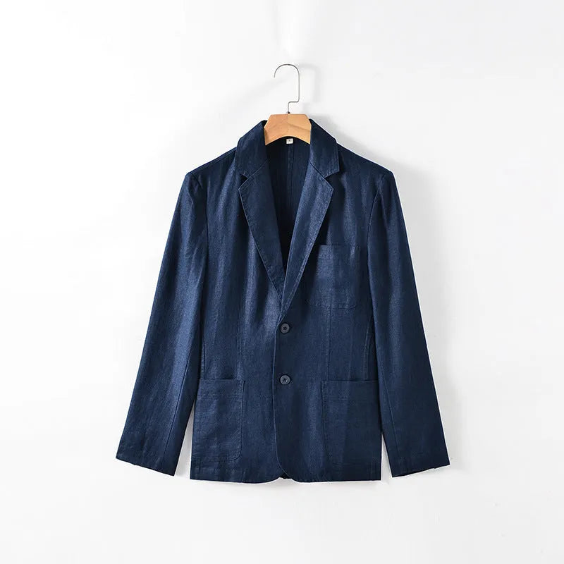 Men's thin solid colour linen coat with stick pockets on a hanger.