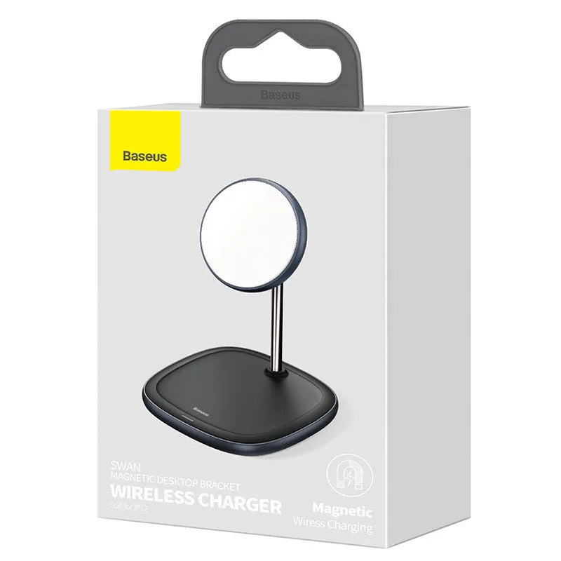 Swan Magnetic Desktop Stand Wireless Charger for iPhone 12 in black on a desk.