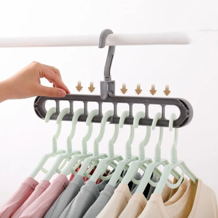 Plastic clothes hanger organiser with rotating hook in various colour options on white background