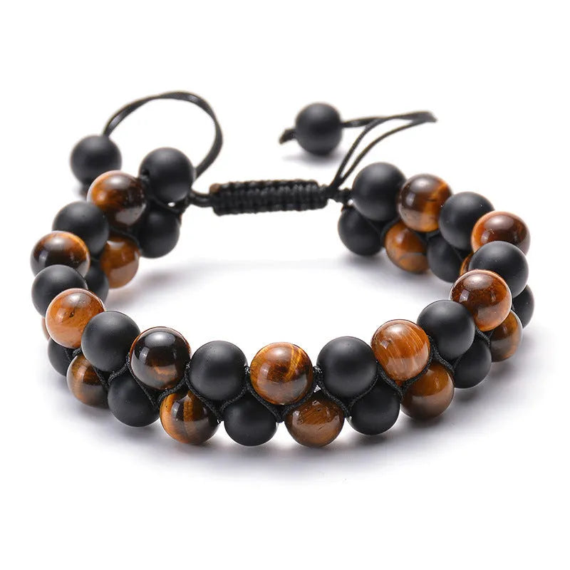 Geometric agate couple bracelets in tiger eye and matte black beads.
