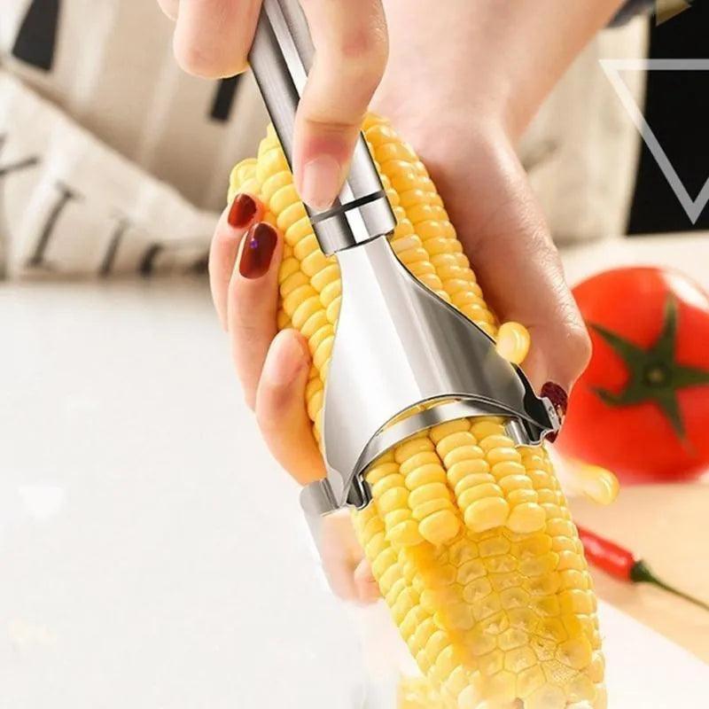 Stainless steel corn planer kitchen tool with serrated cutting edge for removing kernels