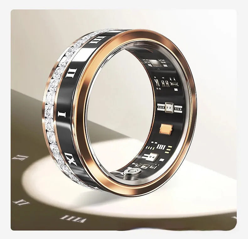 Silver and gold smart rings with diamond inlay showing blood oxygen monitoring technology on finger