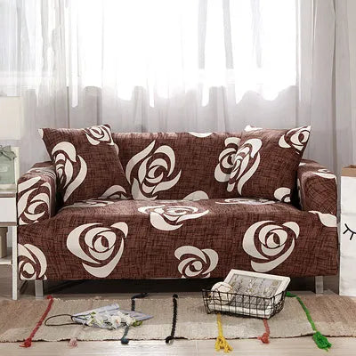 Geometric patterned stretch sofa slipcover fitted on a three-seater sofa