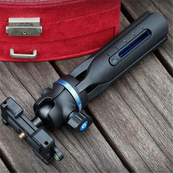 Black desktop mobile phone tripod stand with aluminium alloy legs and a plastic lazy bracket holder.