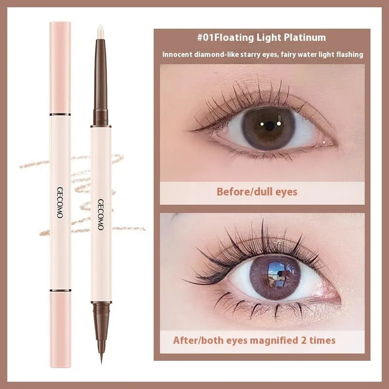 Double-headed silkworm pen eyeliner showing Floating Platinum and Born Nude Apricot colours