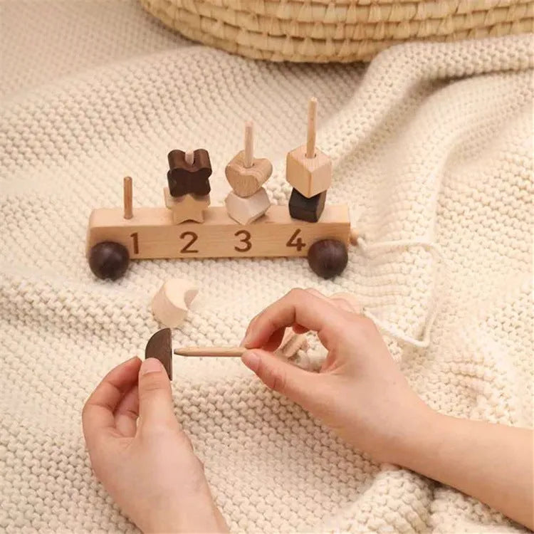 Wooden early learning toy set for children ages 4-6 with car cognitive toys and star moon threading toy on light background