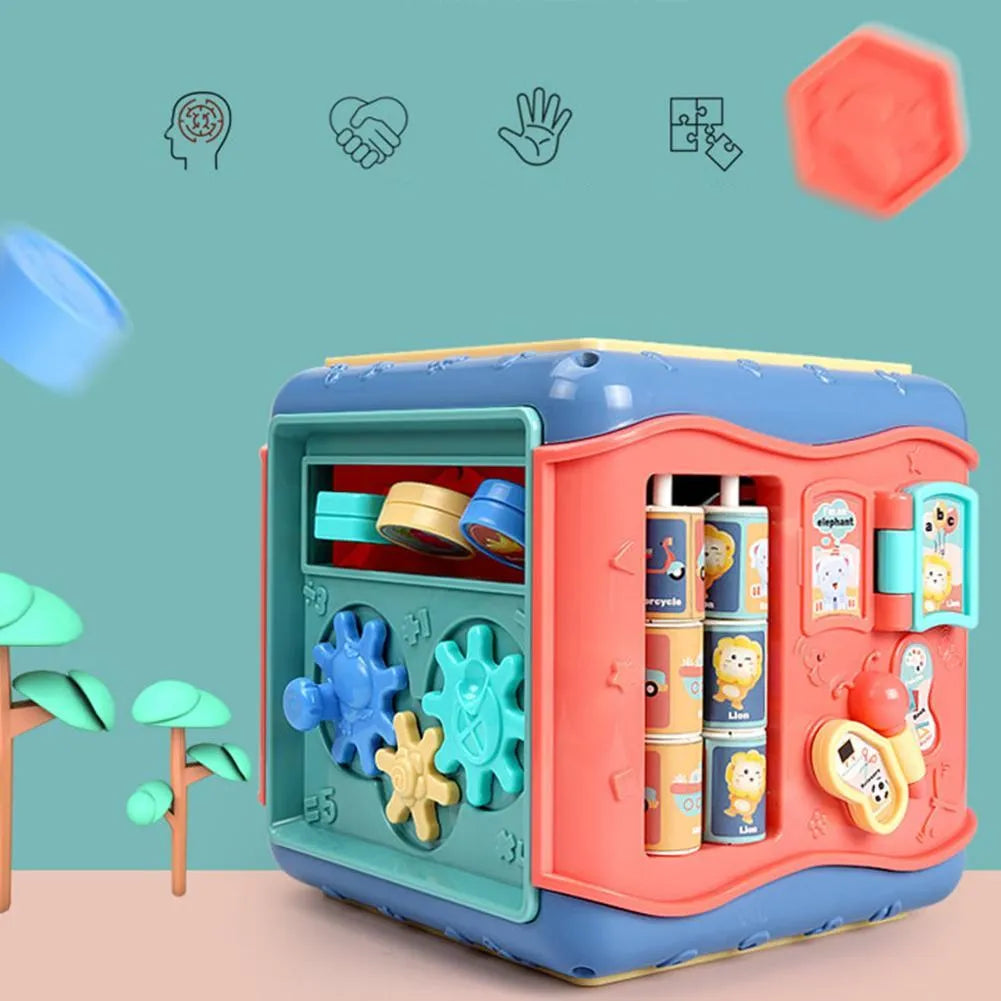Colourful hexahedron educational toy showing bead maze, gear connections, and clock learning activities