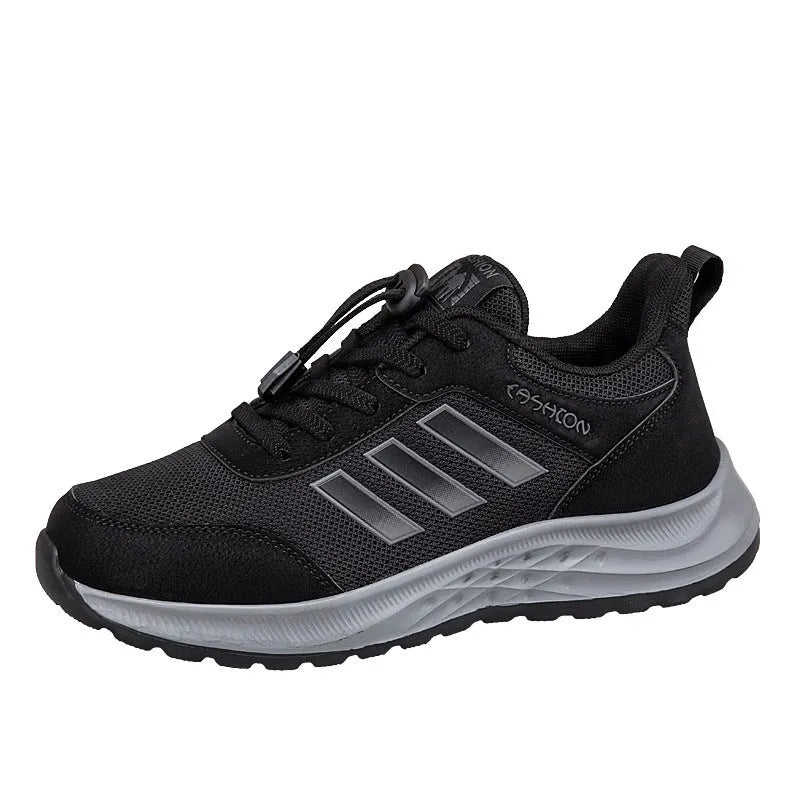 Men's and women's slip-on mom shoes with elastic band and breathable mesh upper in various colours.