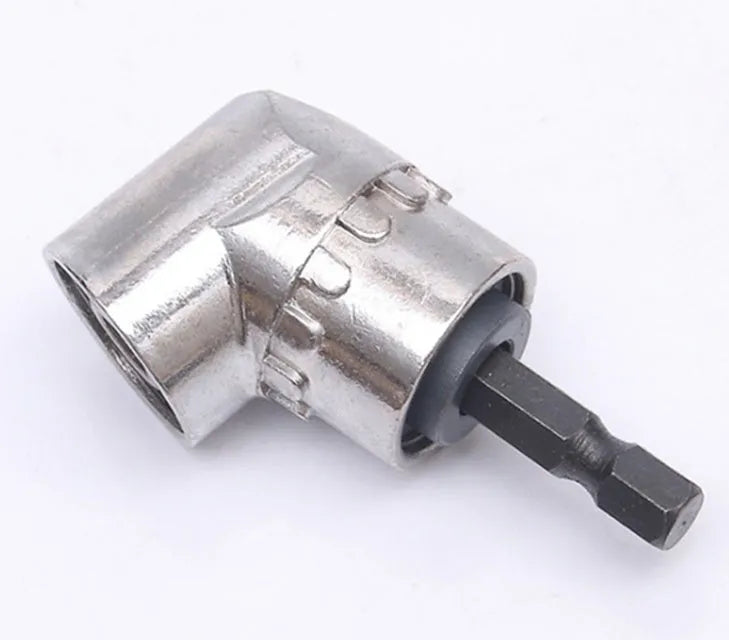 Silver angle screwdriver with 105-degree flexible shaft and magnetic quick-release handle for electric drills.