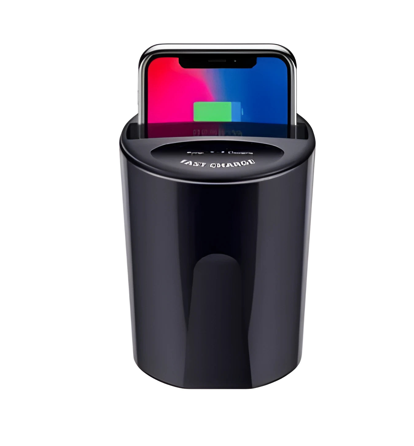 Black car wireless charging cup with detachable base stand for QI smartphones.