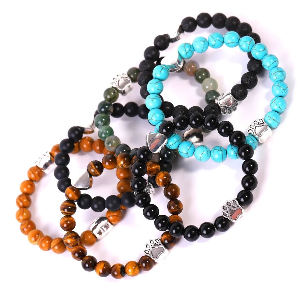 Tigereye Indian Agate stone bracelet shaped like a dog's paw with an engraved love heart.