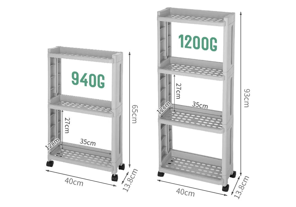 Plastic kitchen storage rack with wheels, multi-layer, narrow gap design, white colour