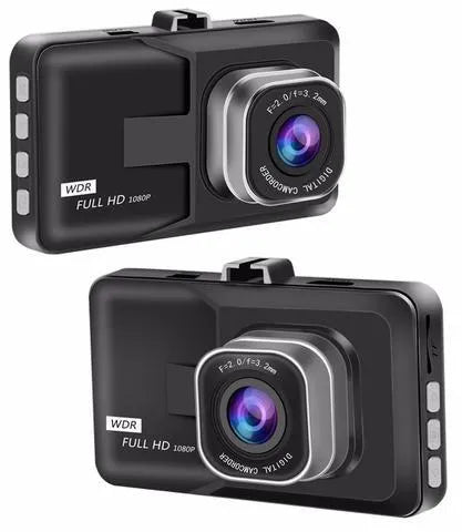 Black 1080P car DVR with 140 degree wide angle lens and IR night vision mounted on windscreen