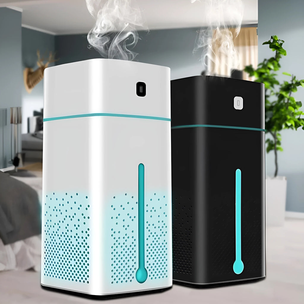Black or white desktop USB humidifier with 1000ml water tank on a wooden desk.