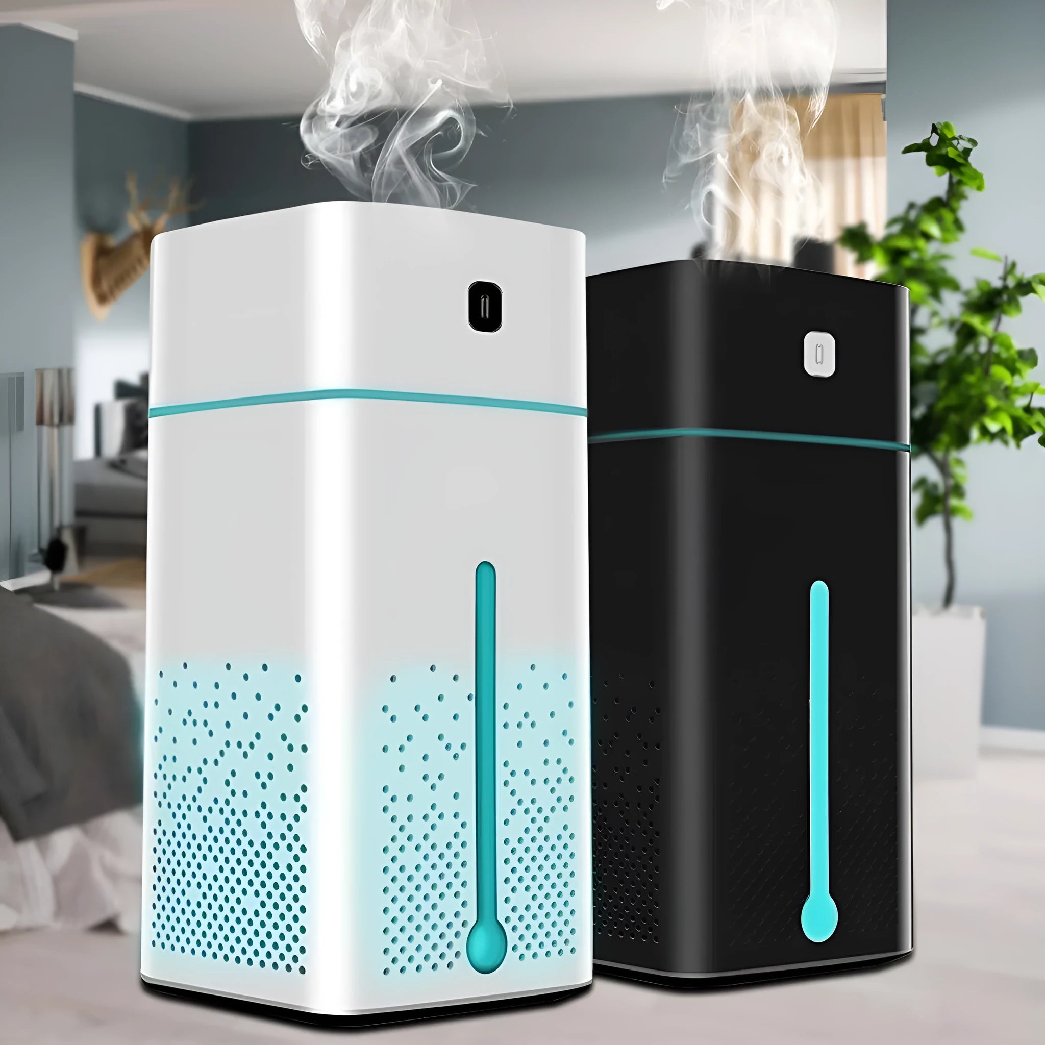Black or white desktop USB humidifier with 1000ml water tank on a wooden desk.
