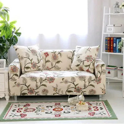 Geometric patterned stretch sofa slipcover fitted on a three-seater sofa
