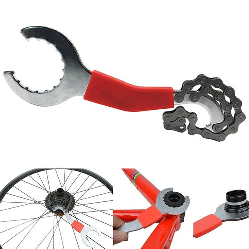 Bicycle maintenance tool set with silver chain cutter and spoke wrench on workshop bench