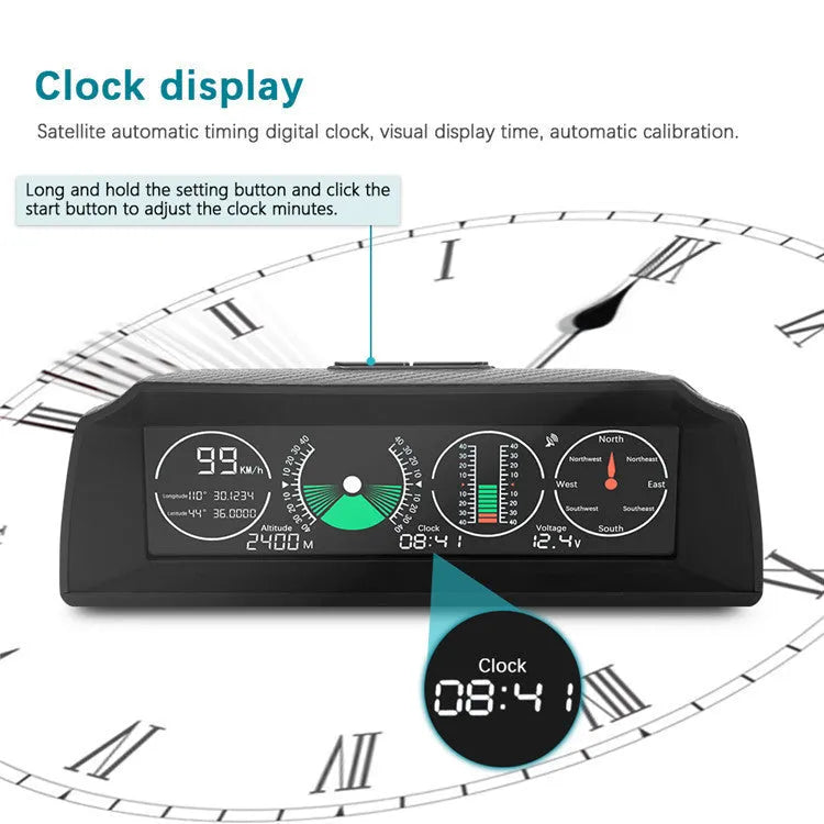 GPS GO 2 Universal Car Heads-Up Display (HUD) monitor with carbon fibre body on a car dashboard.
