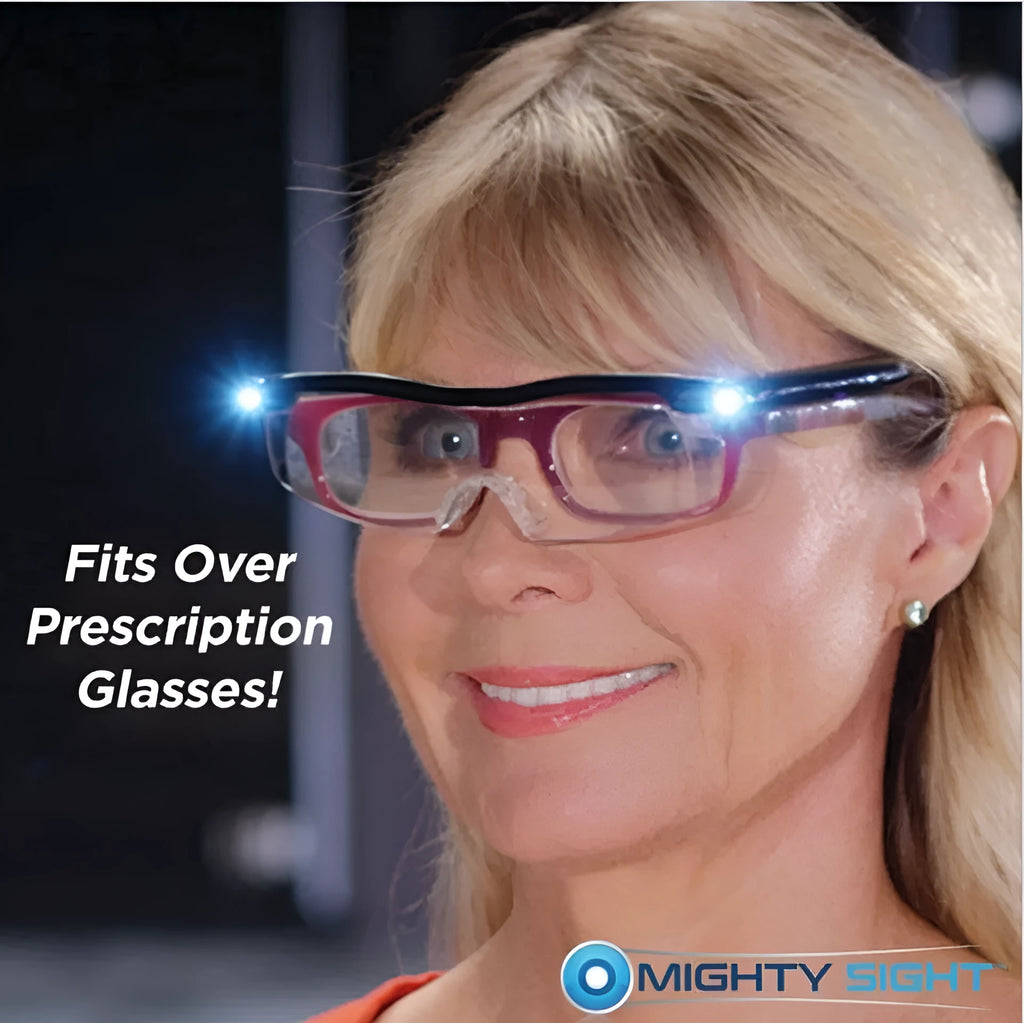 Transparent black USB LED light reading glasses showing the integrated light on the frame.