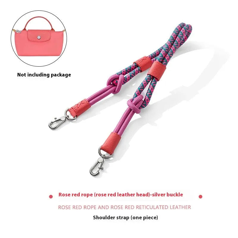 Braided nylon rope shoulder strap with cowhide leather accents and an alloy buckle.