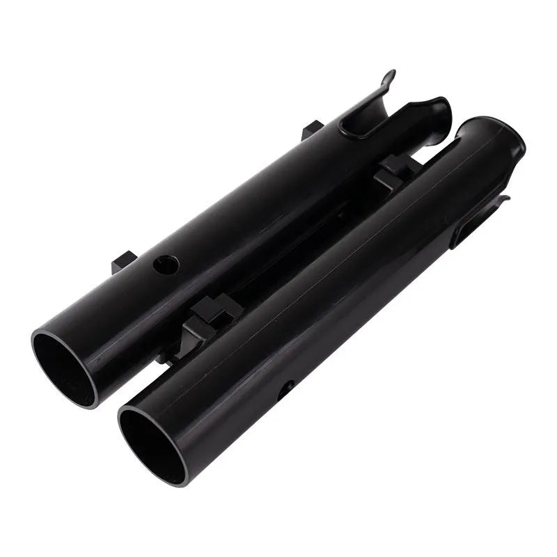 Double-layer plastic fishing rod rack with adjustable clamp mounted on bicycle frame