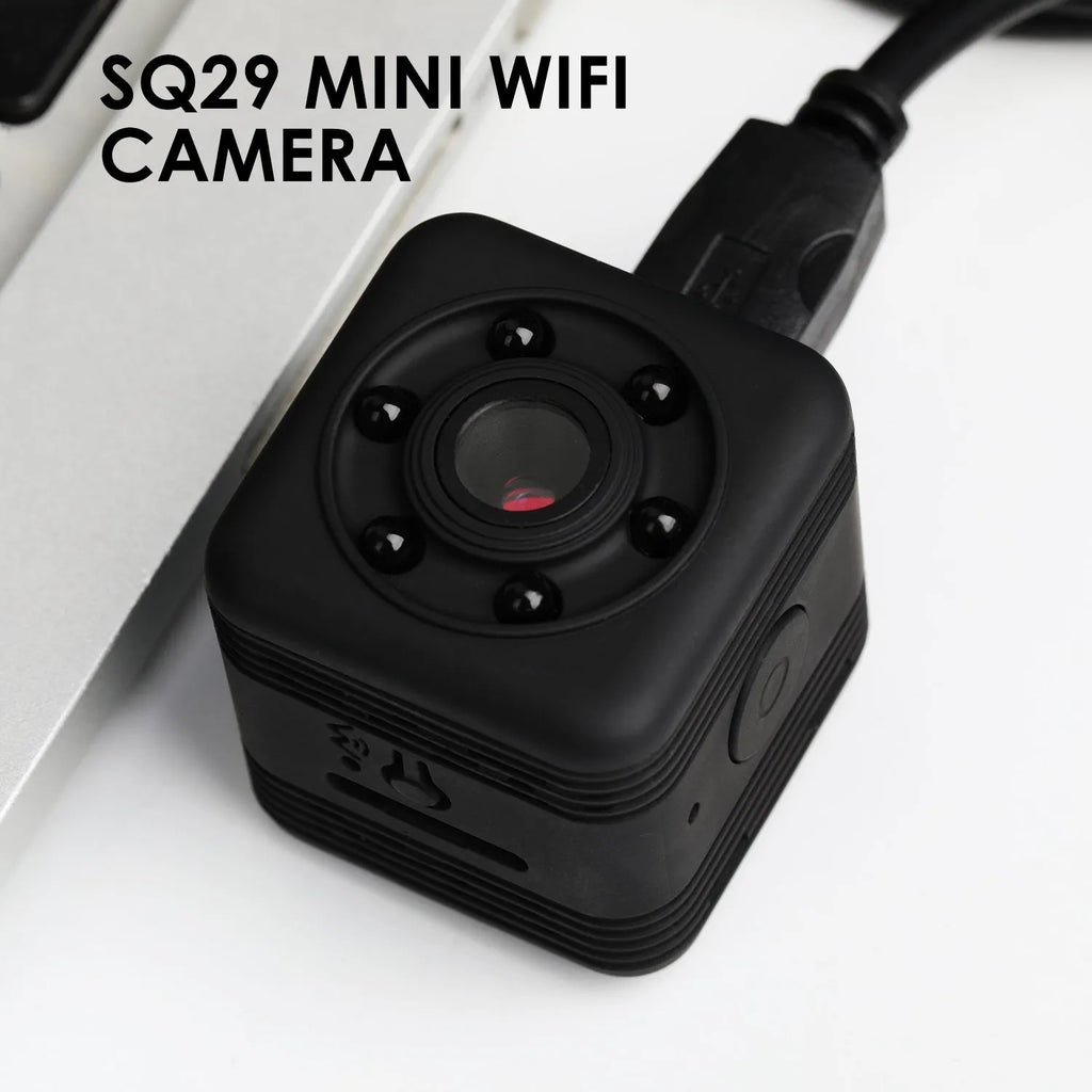 SQ29 black waterproof sports camera showing front view with lens.